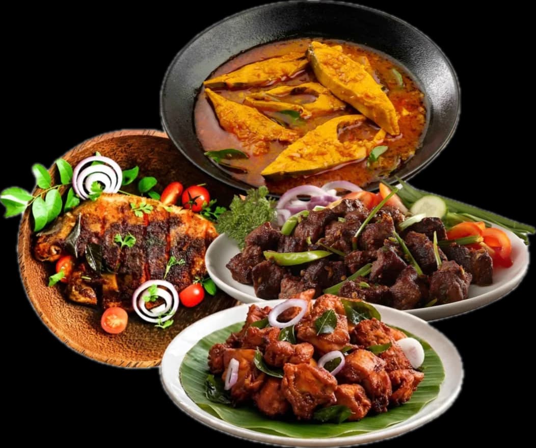 Kerala fish curry in a black bowl, a masala-fried fish, beef fry and chicken fry on banana leaf